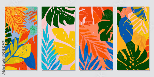 Abstract tropical leaves arranged in vibrant colorful vertical panels