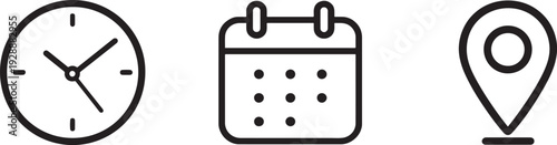 Time, date and address icons with clock, calendar and location line symbols.