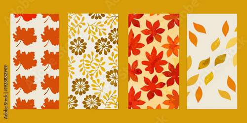 Four vertical panels displaying autumnal leaf and floral patterns