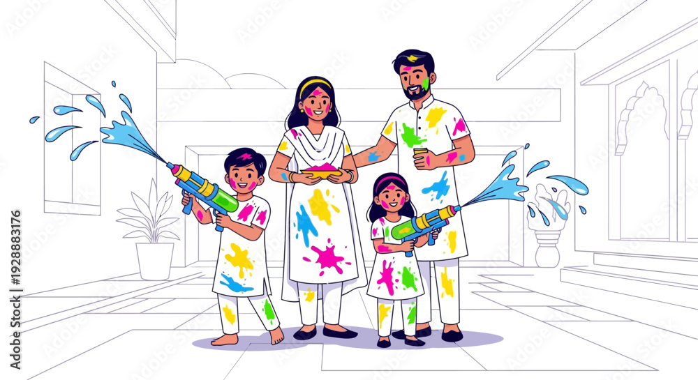 Fototapeta premium Vibrant Indian Family Holi Festival Fun