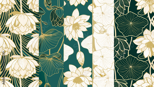 Elegant floral pattern featuring golden lotus flowers and dark teal background