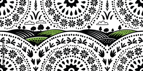 Stylized landscape with floral patterns and rolling hills in black and green