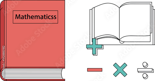 Mathematics and Education Vector Illustration Set with Red Math Textbook Open Book Outline and Basic Arithmetic Operator Icons