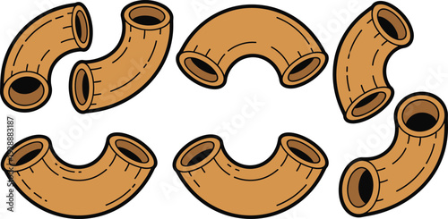 Macaroni Pasta and Italian Food Vector Illustration Set with Uncooked Durum Wheat Elbow Pasta Shapes and Traditional Mediterranean Cooking Ingredient Icons