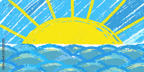 A vibrant crayon drawing depicts a sun rising over rolling waves