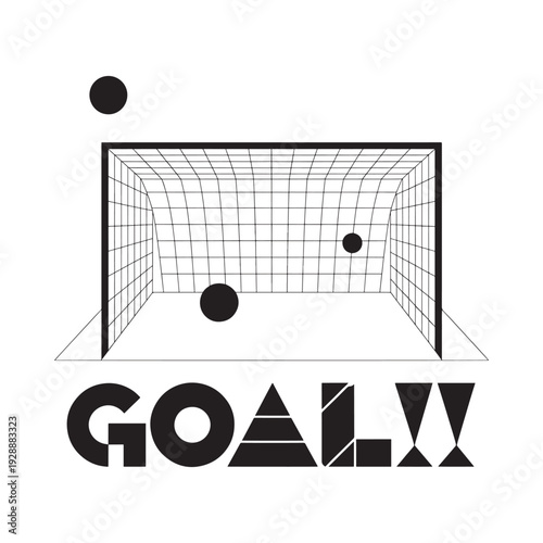 A black and white illustration depicts a soccer goal with balls and the word goal below