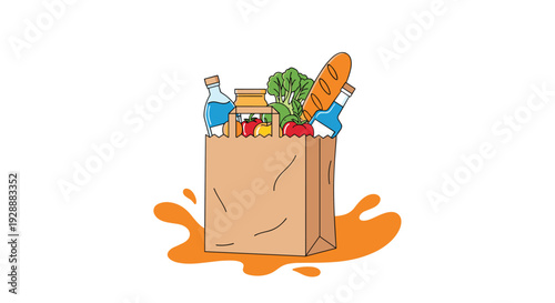 Brown paper grocery bag filled with fresh vegetables, bread, and bottled water over an orange splash on a white background.
