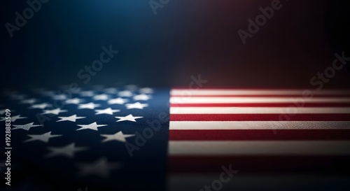 American flag with blurred red and white stripes and blue field of stars