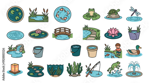 A vibrant collection of cartoon-style illustrations depicting various elements of ponds and aquatic environments, including flora, fauna, and human interaction.
