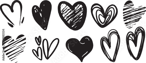 Black hand drawn heart icons, rough textured sketch variations, bold outlines, scribbled shading, creative abstract love symbols, artistic graphic design accents