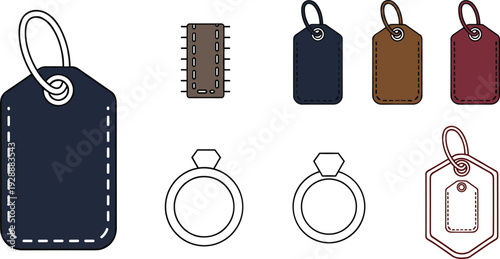 Product Price Tags and Jewelry Vector Illustration Set with Hanging Label Templates Diamond Ring Silhouettes and Retail Sale Badge Icons