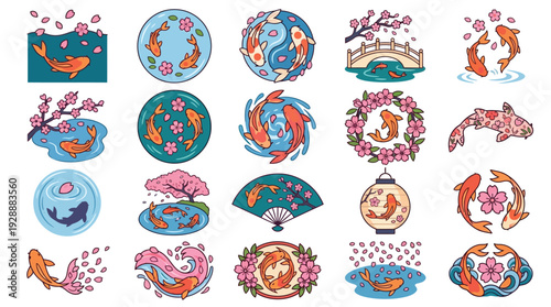 A vibrant collection of Japanese koi fish illustrations, featuring cherry blossoms, yin-yang symbols, and traditional fan designs.