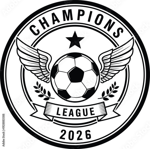 Black and white circular logo with soccer ball and wings soccer, football, league