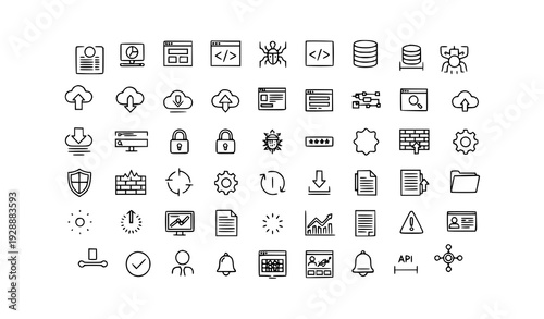 Computer software and internet outline icons linear UI technology symbol set
