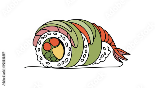 One continuous line illustration of an sushi, isolated on white background.