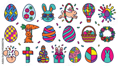 A vibrant collection of Easter-themed illustrations featuring decorated eggs, bunnies, a hot air balloon, and festive symbols.