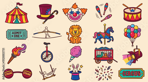 A vibrant collection of classic circus-themed illustrations, featuring a big top tent, a clown, a lion, a carousel horse, juggling pins, a unicycle, cotton candy, and other festive elements.