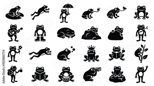 A collection of 25 black and white silhouette icons depicting various frog activities and poses, including playing music, jumping, and holding an umbrella.