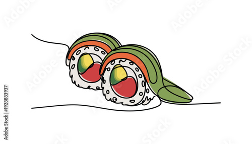 One continuous line illustration of an sushi, isolated on white background.