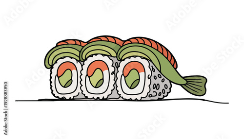 One continuous line illustration of an sushi, isolated on white background.