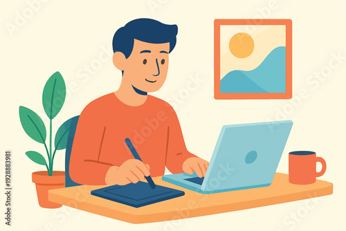 Man working on laptop and drawing tablet at desk illustration for remote work freelance and digital art concepts flat design style