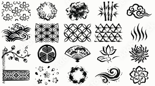 A collection of traditional Japanese ink wash painting motifs and patterns, featuring flowers, waves, clouds, bamboo, and geometric designs.