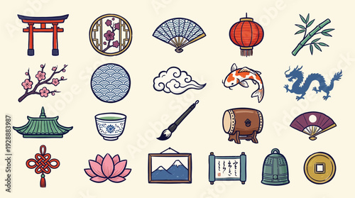A collection of traditional East Asian cultural icons, including a Torii gate, cherry blossoms, a dragon, and various symbols of art and nature.