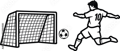 Soccer player kicking ball towards goal in black and white illustration soccer