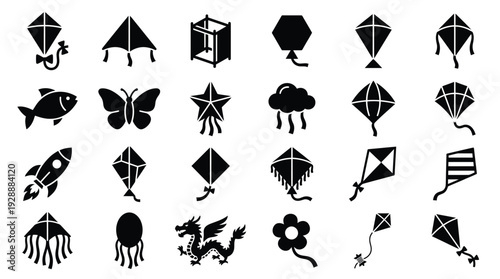 Collection of diverse kite designs and flying objects, including traditional kites, animal shapes, and abstract forms, presented as black silhouettes against a white background.