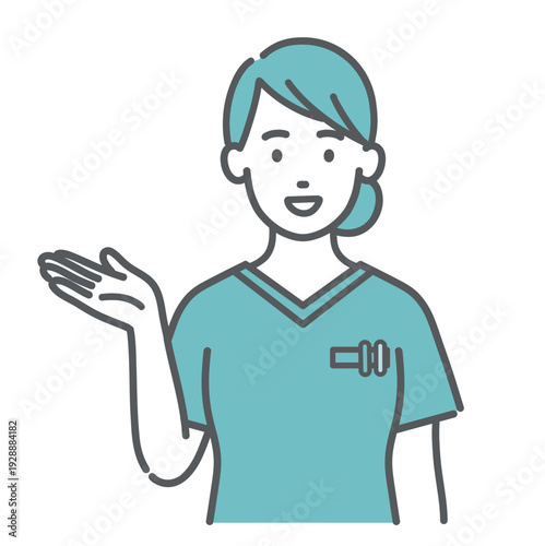 案内・紹介をするスクラブ姿の女性医療従事者のイラスト（上半身）