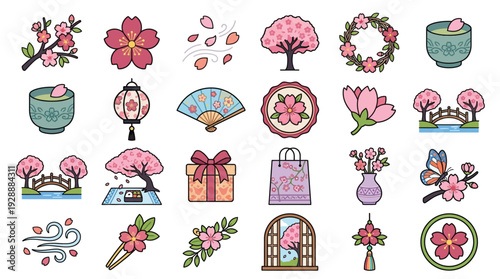 A collection of charming Japanese cherry blossom themed illustrations, featuring trees, flowers, gifts, and cultural elements.