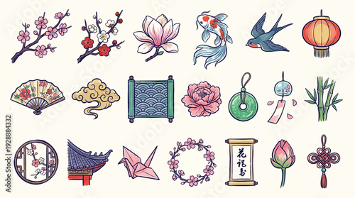 A collection of traditional East Asian cultural icons and symbols, including flowers, animals, and decorative elements, presented in a flat, illustrative style.