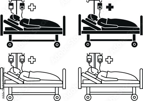 Four hospital beds with patients receiving intravenous therapy and medical care in and line healthcare