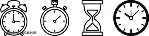 Four Different Types of Time Measurement Devices in and Line Style clock alarm clock stopwatch hourglass