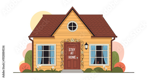 Charming yellow house with a brown roof and a stay at home sign on the front door surrounded by trees and bushes.