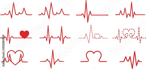 Red heart and E K G line in various styles medical