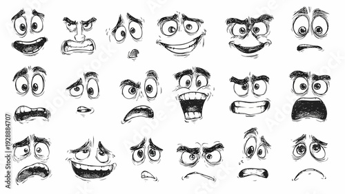 Illustration of diverse facial expressions showcasing various emotions and reactions in a creative workspace concept