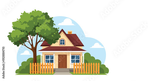 Cozy suburban house with a red roof, front porch, and a white picket fence under a large green tree and blue sky.