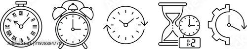 Set of five different clock and time-related in a simple line style alarm clock hourglass stopwatch