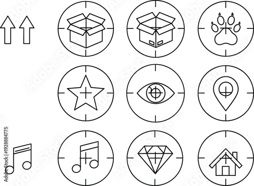 Set of nine circular with various symbols including arrows, music note, box, paw print, star, eye, location pin, diamond, and house
