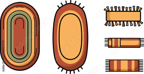 Woven Rugs and Home Decor Vector Illustration Set with Oval Braided Carpets Bohemian Style Area Rugs and Interior Textile Design Elements