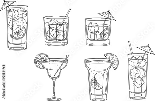 Six illustrated cocktail glasses with ice and lemon slices and cocktail umbrellas illustrated drink ice cubes