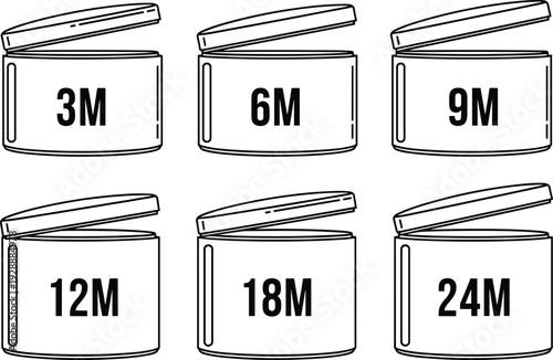 Six round containers with lids labeled 3 M 6 M 9 M 12 M 18 M 24 M in and