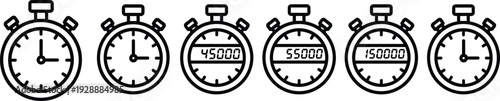 Six stopwatches showing different times and elapsed times in a row timer analog clock