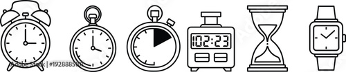 Various types of clocks and timekeeping devices in a line alarm clock stopwatch digital clock hourglass