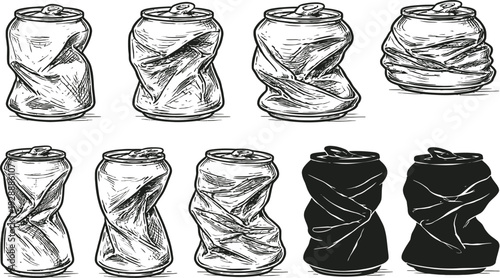 Crushed aluminum can line art vector set, crushed soda tin illustration collection, recycling waste isolated on white background