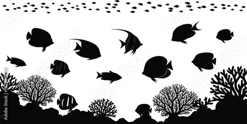 Black tropical fish silhouettes set swimming over coral reef seafloor elements isolated on white background for marine life and underwater nature designs