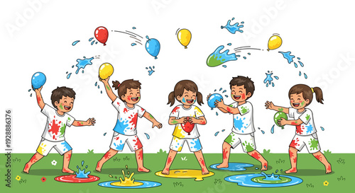 Excited Children Splashing Water Balloons
