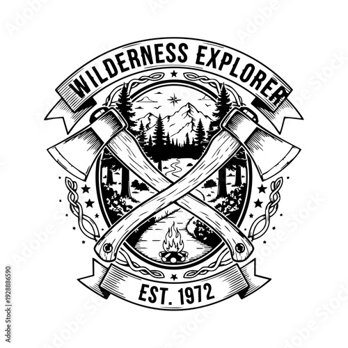 Vintage Wilderness Explorer Logo with Axes and Mountain Landscape.