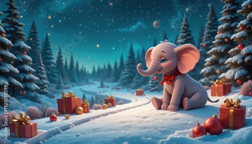 Adorable elephant enjoying Christmas in snowy forest scene